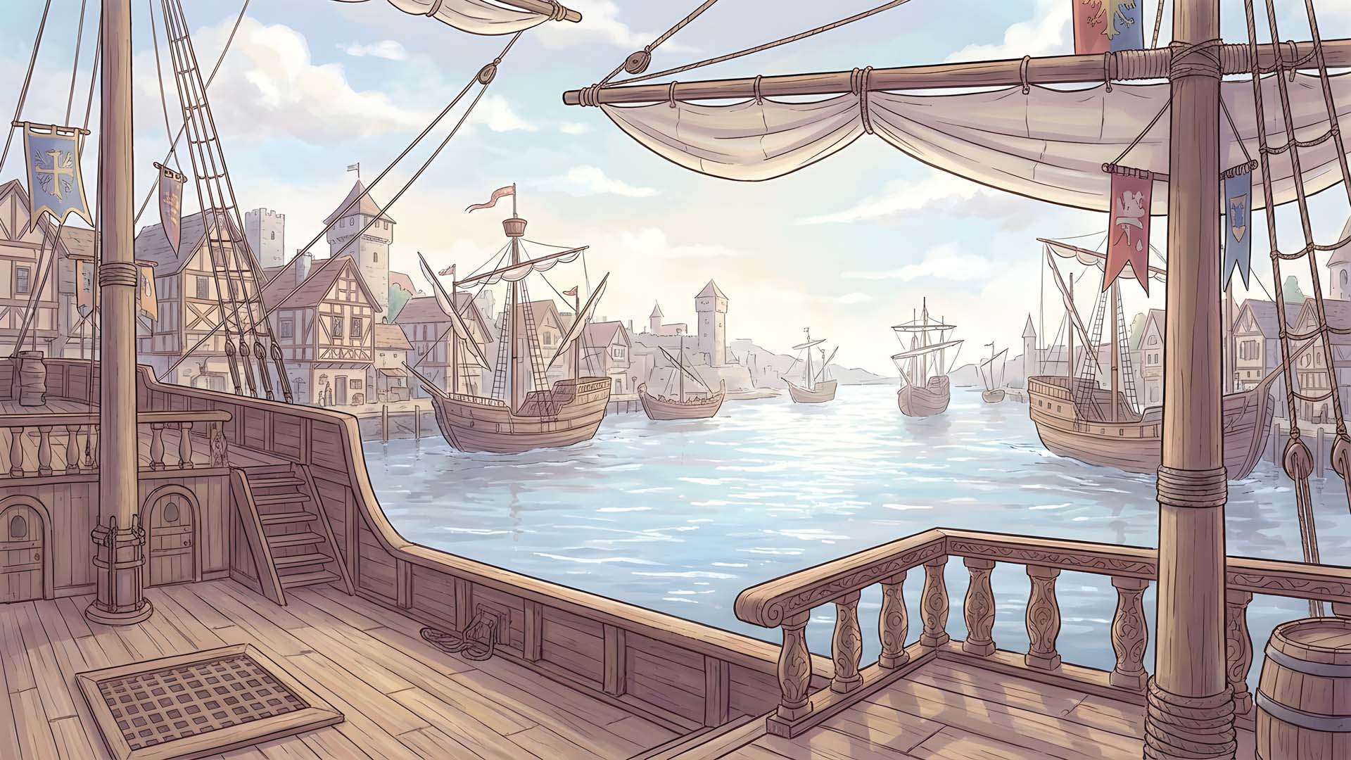 A medieval ship arriving at a busy medieval port to unload its goods