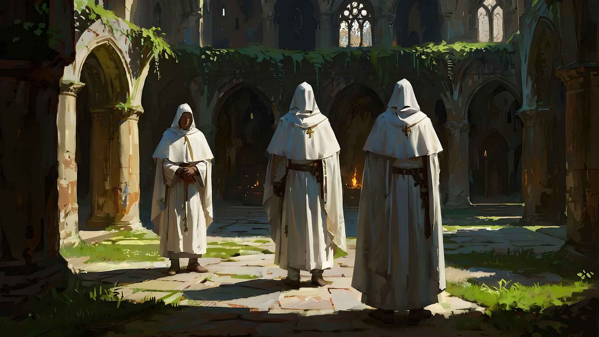 three_monks_in_white_robes_standing_in_a_ruined_abbey